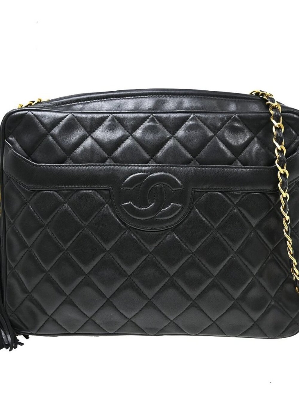 Chanel Black Lambskin Frigne Chain Shoulder Camera Bag